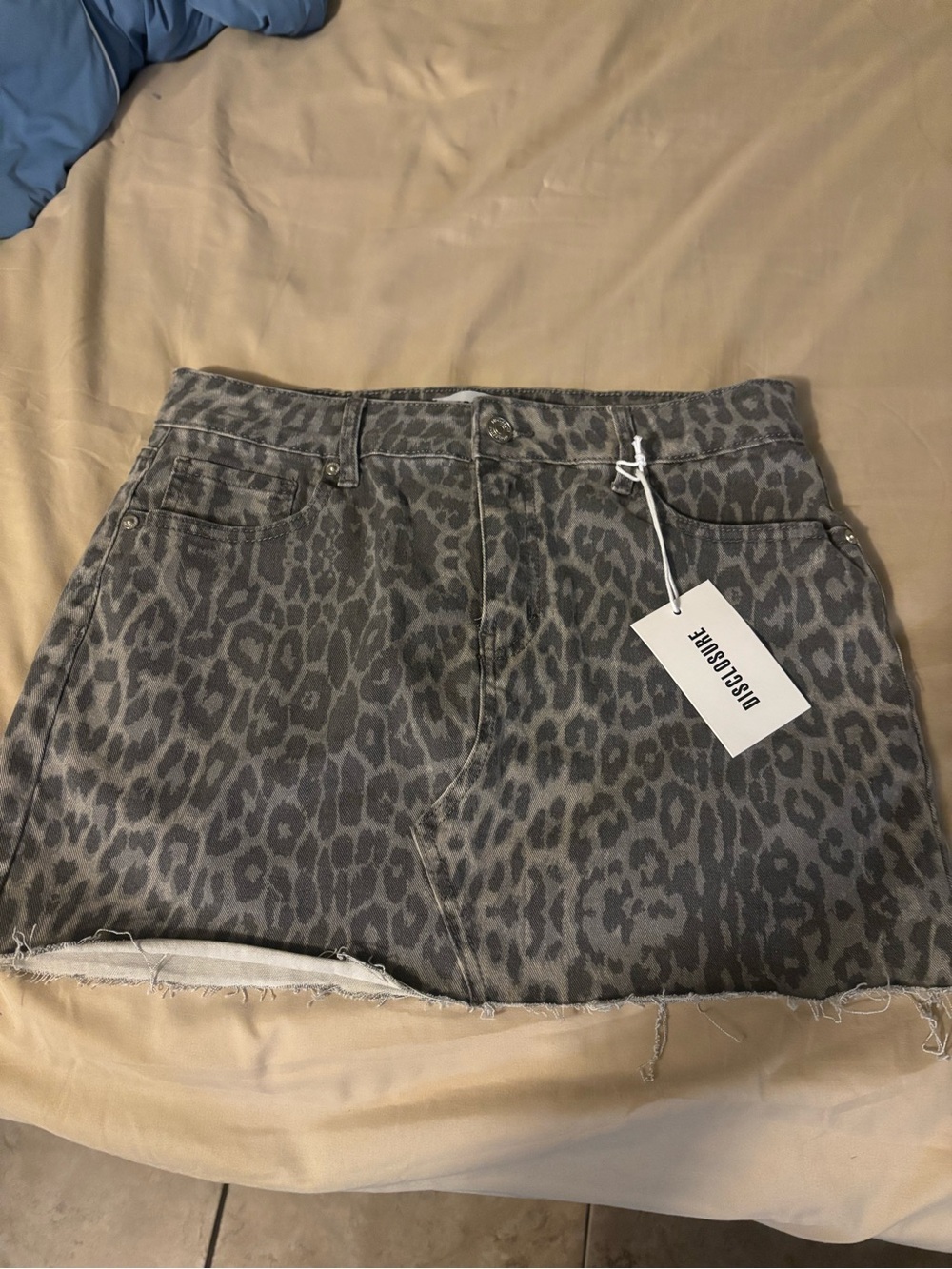Distressed Grey Leopard Print Denim Mini Skirt